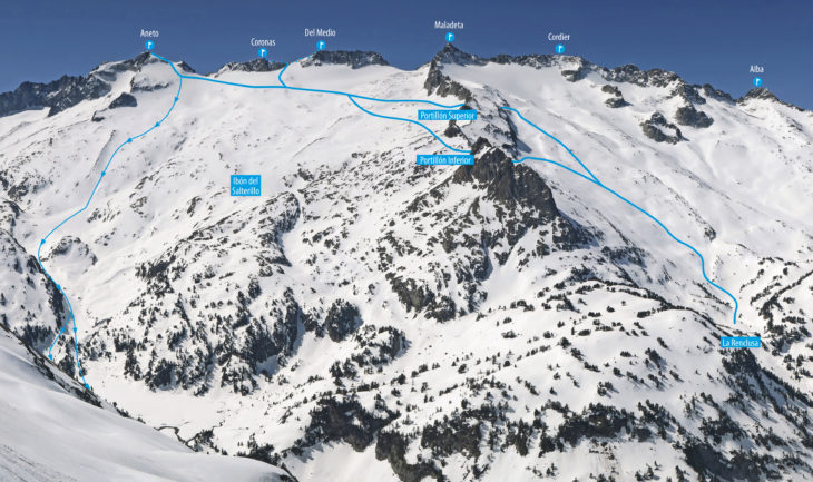 Panormámica de las rutas para ascender el Aneto con esquís. Jorge García-Dihinx.