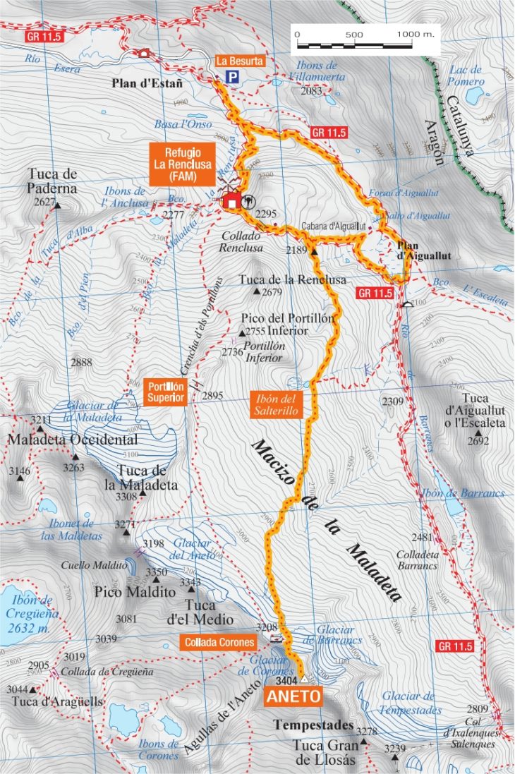 Mapa de la ruta norte al Aneto por el Ibón del Salterillo